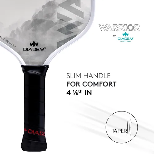 Vista 4 de Diadem Warrior pala de pickleball Cara de fibra de carbono, núcleo híbrido 3X de polímero de Nomex en forma de panal L-Core, superficie de pintura