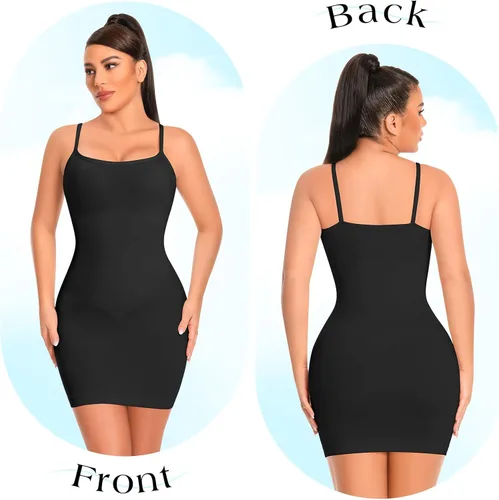 Vista 2 de Faja moldeadora para debajo de los vestidos, vestido con control de abdomen, moldeador de cuerpo, sin costuras, tirantes delgados, vestido camisola