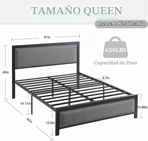 Vista 2 de VECELO Marco de cama tamaño Queen con cabecera tapizada, plataforma resistente con listones de metal fuertes, no necesita somier, fácil montaje