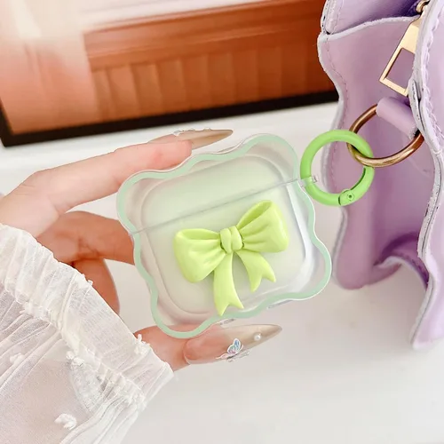 Vista 6 de Linda funda transparente para AirPods de 3ª generación, color verde, diseño de lazo femenino, TPU suave, a prueba de golpes, Kawaii Airpods