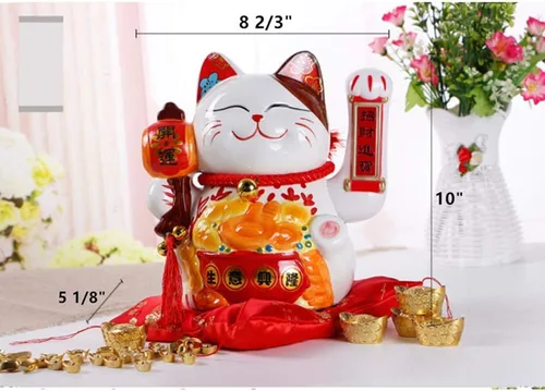 Vista 4 de Gato de la suerte de la fortuna de 10 pulgadas con brazo agitador operado en oro, gato chino Feng Shui Deoration Lucky Cat para tiendas
