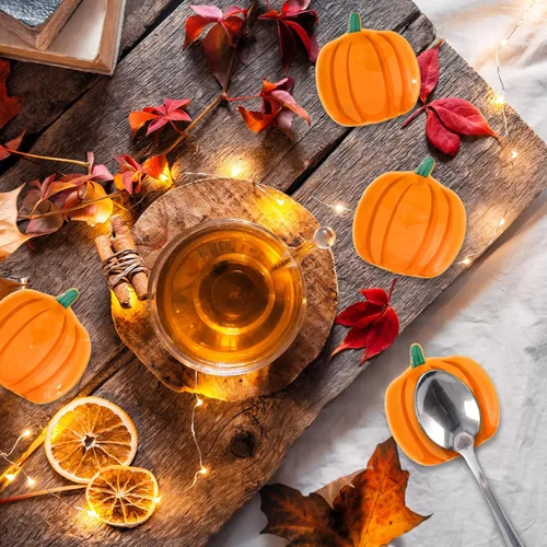 Vista 7 de Whaline 4 piezas de soporte para cucharas de cerámica de calabaza, platos de salsa de calabaza Shpaed, plato de café de Acción de Gracias, plato