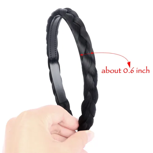 Vista 2 de Ancho de 1.5 cm Banda de pelo sintético trenzada estrecha con dientes para mujeres y niñas (Negro)