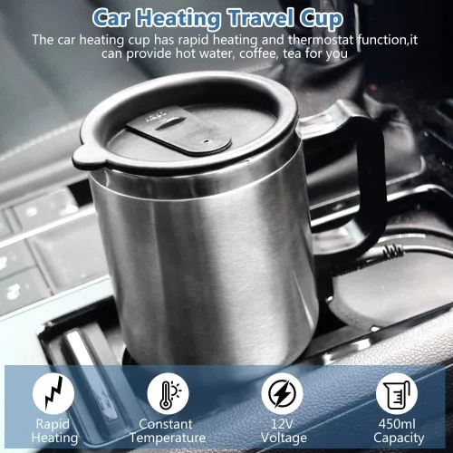Vista 7 de Taza de calefacción para automóvil, hervidor eléctrico de acero inoxidable, calentador de taza de café portátil de 12 V, calor hasta 149.0 °F, taza