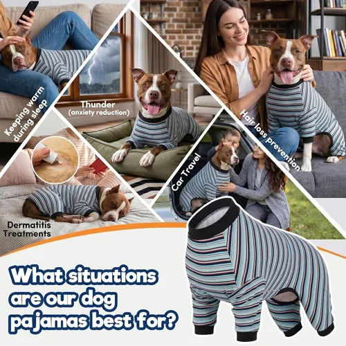 Vista 5 de LovinPet Pijama grande para perro, camisa de algodón multicolor a rayas, para dejar de caer, pijamas para mascotas, ropa de bulldog francés, ropa