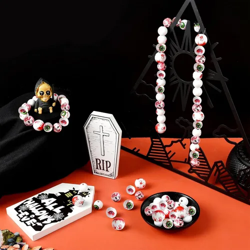 Vista 3 de 40 cuentas de madera de Halloween, decoración de Halloween, estampado de palmas sangrientas, cuentas de madera con patrón de globo ocular, atmósfera