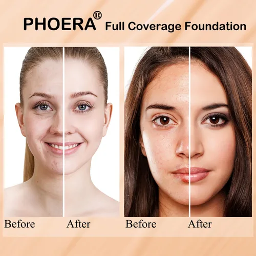 Vista 4 de PHOERA - Base de maquillaje mate de cobertura completa, brochas de maquillaje Kabuki (101 porcelana + 102 desnudos)