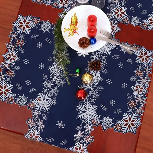 Vista 3 de Caminos de mesa bordados con copos de nieve para Navidad e invierno (azul marino, 14 x 69 pulgadas)