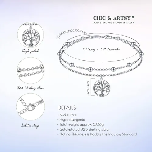 Vista 77 de CHIC & ARTSY Tobilleras de plata de ley S925 para mujer, pulsera de tobillo ajustable multicapa para playa, joyería de verano para mujer, de 10 a 11