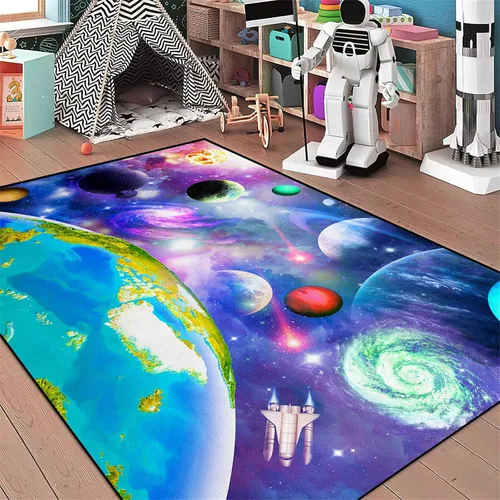 Vista 6 de Alfombra espacial para habitación de niños, alfombra de galaxia para niños, alfombras espaciales para dormitorio de niños, decoración