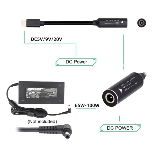 Vista 2 de cablecc 0.098x0.028 in Entrada DC Jack a USB-C Tipo-C Cable de carga de enchufe de alimentación para PD 9V 15V 20V 65W Teléfono portátil
