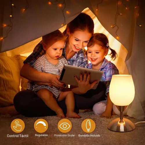 Vista 2 de Lámpara táctil pequeña para mesita de noche de dormitorio, lámparas de noche regulables de 3 vías, lámpara de escritorio de vidrio opal, base