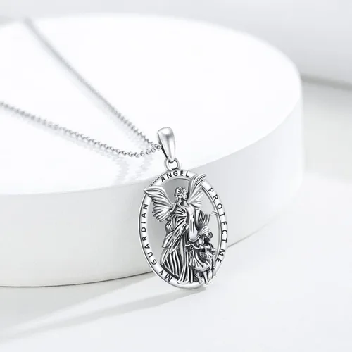 Vista 5 de Brisskaari Collar ovalado de Nuestra Señora de GuadalúÁngel de la Guardia para mujeres y hombres plata de ley 925 católica Virgen María collar