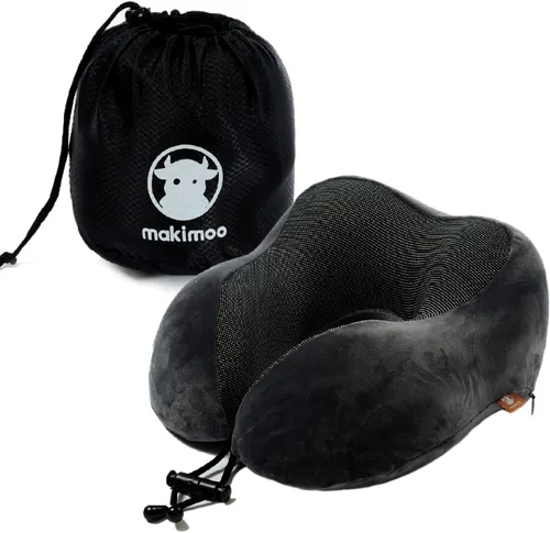 Vista 8 de Almohada de viaje de espuma viscoelástica, almohada para el cuello con soporte de cabeza de 360 grados, cómoda ideal para dormir en avión, Negro