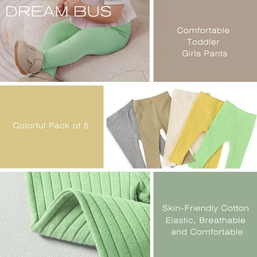 Vista 4 de DREAM BUS Paquete de 5 pantalones de bebé para niña, pantalones acanalados con volantes acampanados, leggings para bebé, pantalones acampanados