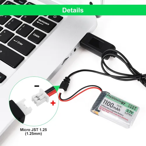 Vista 4 de 2 unids 3.7 V 1100 mAh Li batería con cargador USB 102540 1S LiPo batería con placa de protección cinta de goma aislada y micro JST 1.25 enchufe