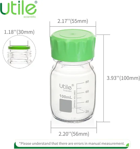 Vista 2 de Utile Botella multimedia, 3.3 botellas de vidrio de borosilicato con tapones de rosca GL45, 6 botellas de medios de laboratorio de 3.4 fl oz