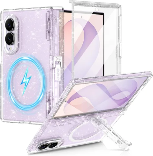 Vista 55 de Btscase Funda para Samsung Galaxy Z Fold 5, protector de pantalla frontal integrado, patrón de mármol dorado con purpurina de policarbonato duro
