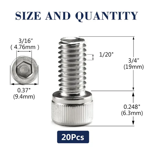 Vista 2 de Tornillos de cabeza cilíndrica con hexágono interior de 1/4-20 x 3/4", 20 piezas de acero inoxidable 304 18-8, hexágono interior Allen, rosca