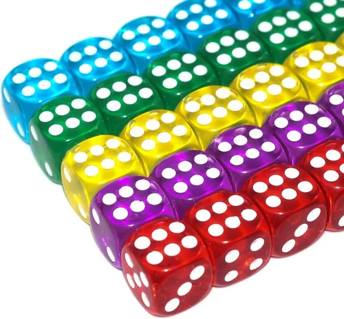 Vista 6 de Paquete de 50 dados de 6 lados de 14 mm de colores translúcidos, con bolsa negra para juego de mesa