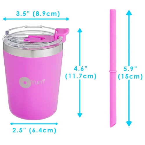 Vista 9 de PopYum - Vasos de acero inoxidable para niños, 9 onzas, morado, rosa, paquete de 2 Aislado, aspiradora de doble pared, tapa y pajilla, apilable, a