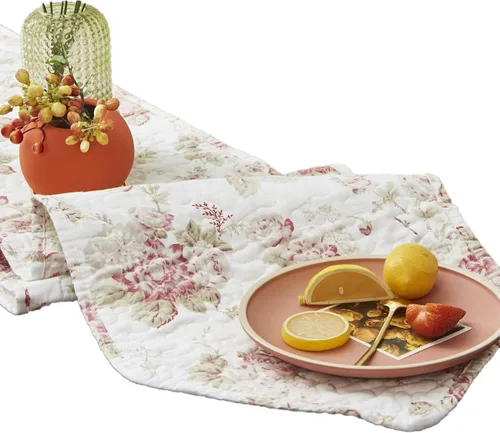 Vista 5 de DaDalogy Bedding - Camino de mesa de comedor acolchado floral con rosas de algodón – Bonito tapete decorativo de algodón para el jardín, bar