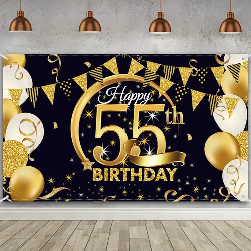 Vista 17 de Decoración de fiesta de cumpleaños número 15, cartel póster de tela extra grande negro y dorado para telón de fondo de cabina de fotos
