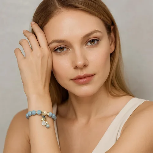 Vista 3 de RITIM Pulsera de aguamarina natural para mujer, pulsera de piedra de cristal curativo con perla, energía positiva, regalo de joyería de buena suerte