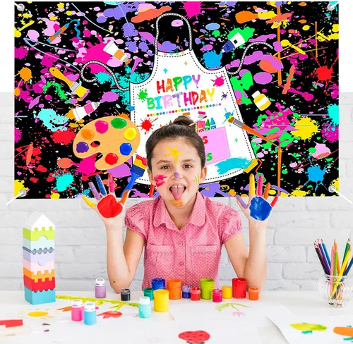 Vista 6 de Mocsicka Cartel de cumpleaños de pintura artística para niños, pintemos vestido para un lío, decoración de fiesta, telón de fondo colorido