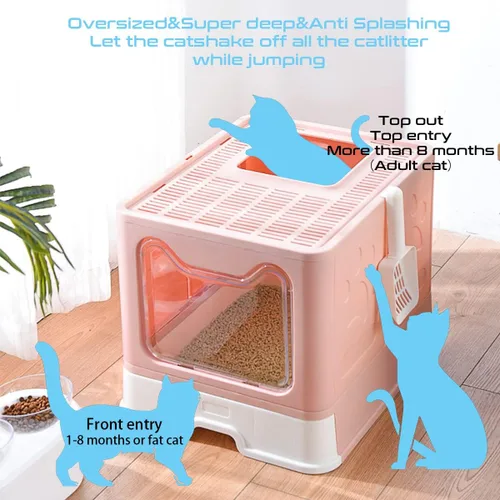 Vista 2 de Caja de arena para gatos, caja de arena plegable grande para gatos con tapa para gatos, estructura de cajón, inodoro y cuchara de arena para gatos