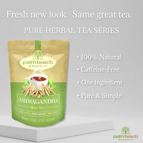 Vista 3 de Té de raíz Ashwagandha de Palm Beach Herbals, 30 bolsas de té, sin cafeína Serie de té de hierbas puras