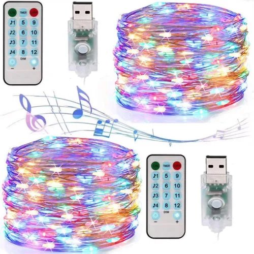 Vista 11 de Paquete de 2 tiras de luces de música activadas por sonido, 100 luces LED de alambre plateado de 33 pies con temporizador remoto para dormitorio