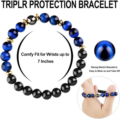 Vista 5 de Pulsera de triple protección de buena suerte, para hombres y mujeres, ojo de tigre azul, obsidiana negra, hematita, riqueza, prosperidad, felicidad