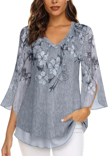 Vista 2 de Timeson Blusas florales de manga 34 para mujer, camisas de doble capa con cuello en V, túnica elegante