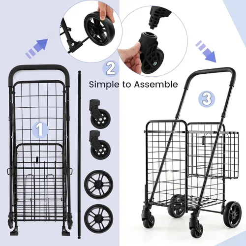 Vista 6 de Goplus Carrito Plegable de Compras de Utilidad, Cesta Doble y Ruedas Giratorias de 360°, Mango Ajustable, Carrito Pequeño Perfecto para Comestibles