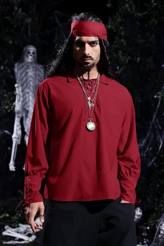 Vista 3 de Camisas medievales de pirata renacentista para hombre, con cordones, disfraz vikingo, mercenario, escocés, camisetas de jacobita ghillie, rojo