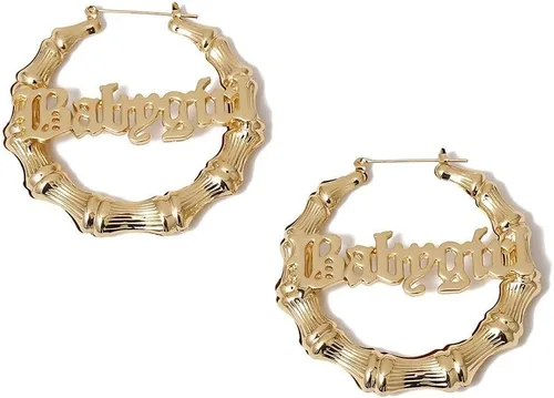 Vista 7 de Aretes de aro de bambú para mujer, de acero inoxidable, estilo de letra inglesa, estilo de los años 8090, accesorio para disfraz, conjunto de joyas