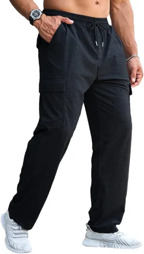 Vista 4 de CTU Pantalones deportivos holgados de moda para hombre, ligeros, para entrenamiento, pantalones deportivos con parte inferior abierta con bolsillos