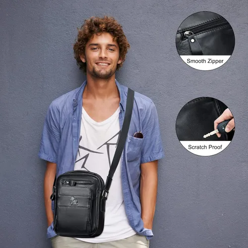 Vista 7 de BAIGIO Bolso de hombro de cuero genuino para hombre, maletín de mensajero, bolso de mano cruzado, bolso de viaje