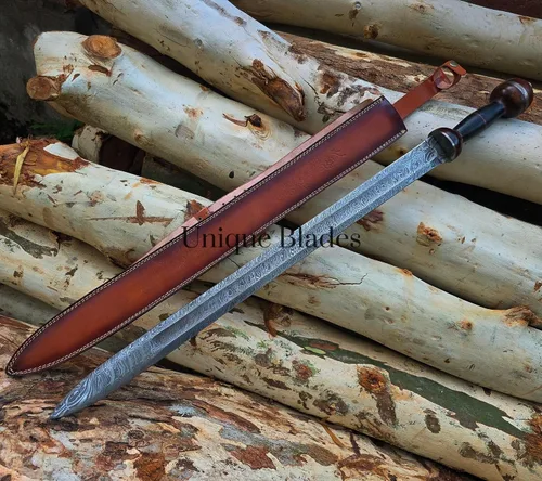 Vista 8 de Roman Spatha - Espada de batalla de acero de Damasco, hoja de espiga completa de 36 pulgadas con ranura de sangre, colección Third Century Viking