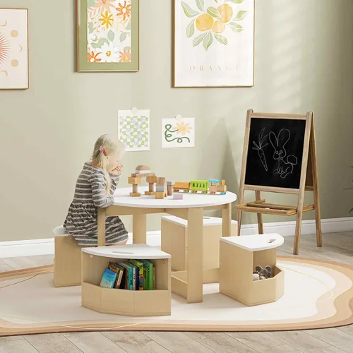 Vista 2 de Qaba Juego de mesa y sillas para niños pequeños, 5 piezas, mesa redonda de Almacenamiento, Juego, Arte, Manualidades, Dibujo, Sala de juegos, Aula