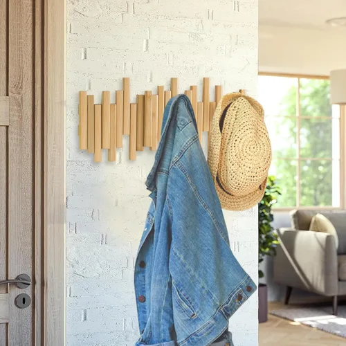 Vista 2 de MinBoo Perchero de bambú con múltiples ganchos, moderno, único, que ahorra espacio con 4 ganchos abatibles para colgar abrigos, decoraciones
