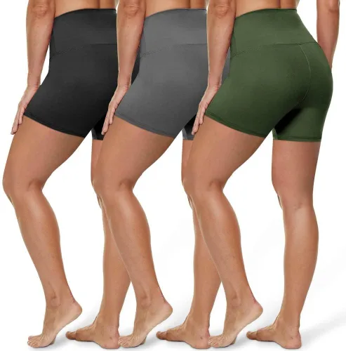 Vista 22 de HLTPRO 3 Pack Plus Size Biker Shorts for Women, Pocket & No-Pocket Options Negro/Beige Rosa/ Gris