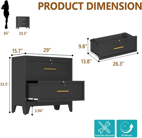 Vista 3 de 2 Drawer File Cabinet with Lock, Small Filing Cabinet for Home Office Negro