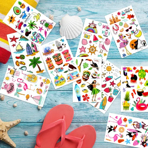 Vista 4 de LOMIMOS 138 calcomanías de tatuaje temporal hawaiano con temática de Luau, tropical de verano, playa, piscina, fiesta, para niños y adultos