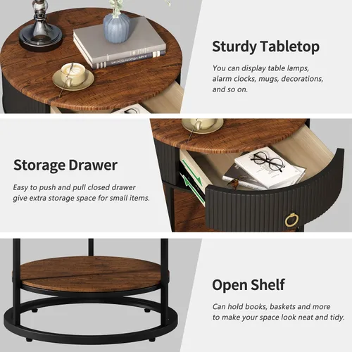 Vista 7 de OIOG - Mesa auxiliar redonda con cajón, mesa auxiliar moderna de madera con estante, mesa de noche de 2 niveles con cajón para sala de estar Negro