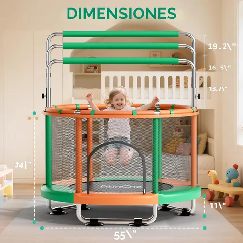 Vista 4 de 55" Toddler Mini Trampoline for Kids, Indoor Outdoor Toys with Swing, 440lbs Baby Kids Trampoline, Gymnastics Bar, Birthday Gifts for Boy Girl Age
