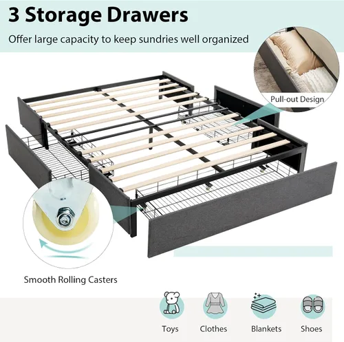 Vista 5 de KOMFOTT Base de cama tamaño Queen con 3 cajones, plataforma tapizada de tela, base de colchón con soporte de listones de madera, no necesita somier