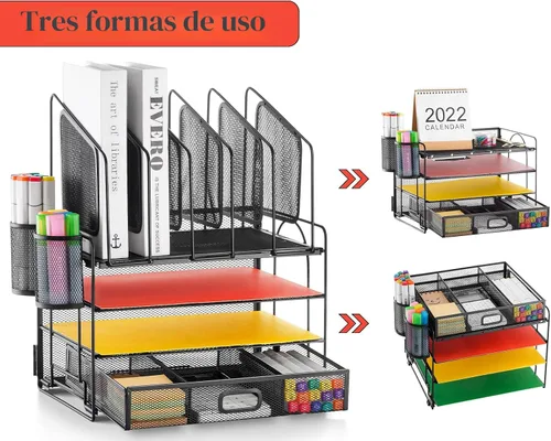 Vista 4 de Marbrasse Organizador de escritorio con cajón, organizador de archivos de malla de 4 niveles con 5 soportes verticales para archivos y 2 soportes