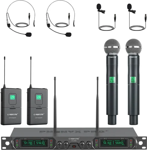 Vista 2 de Phenyx Pro Sistema de micrófono inalámbrico, paquete de micrófono inalámbrico UHF de 4 canales (PTU-5000-2H2B) con cable de serpiente XLR de 10 pies